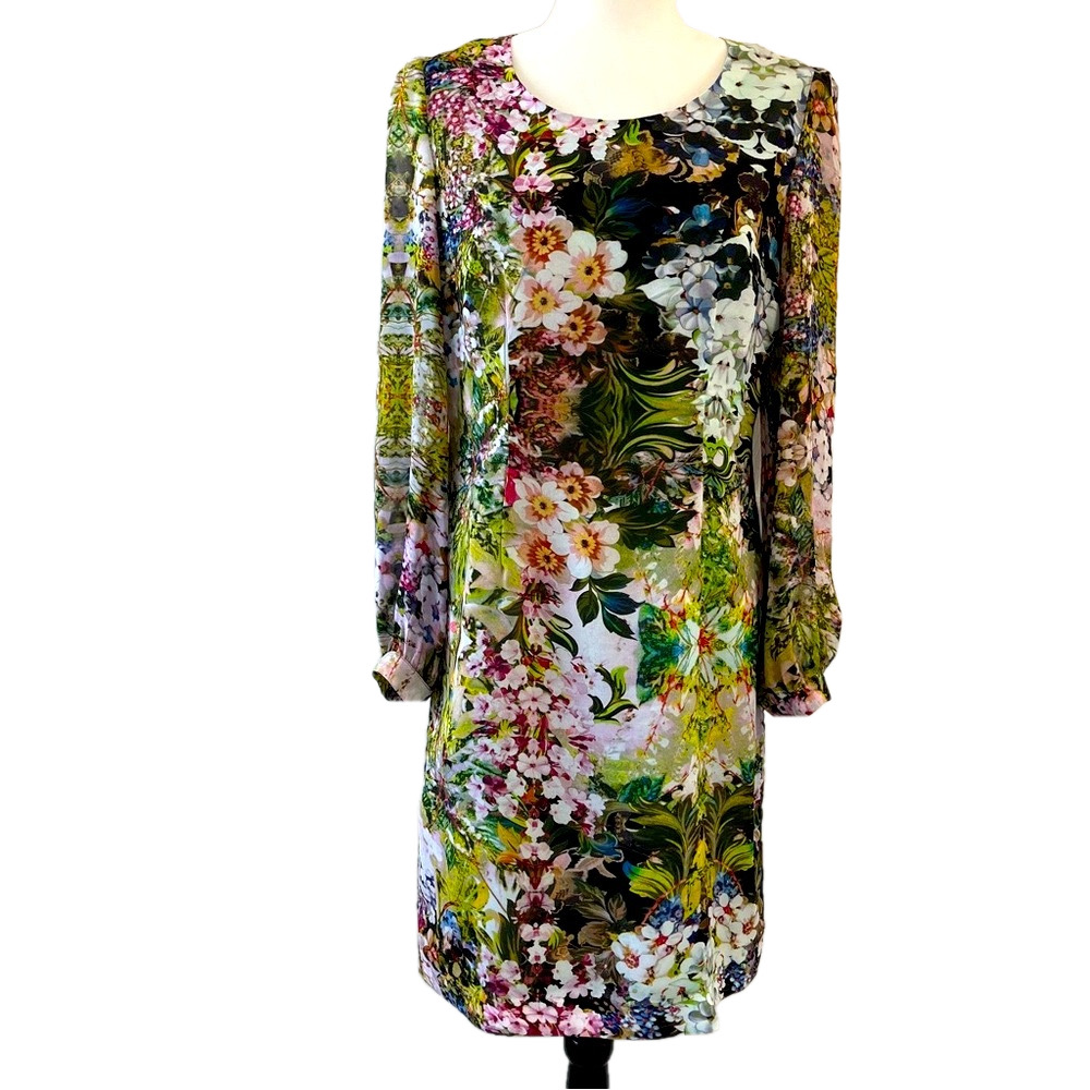 Serrani Italy Floral Print Long Sheer Sleeve Dress 10 Midi Spring Cottagecore